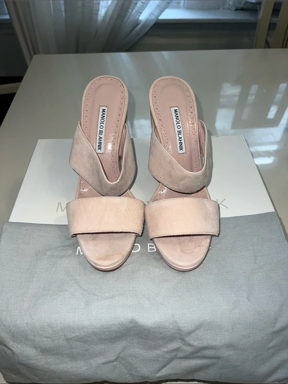 Manolo Blahnik Blush Suede Double-Band Slide Mules